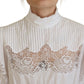 Dolce & Gabbana White Cotton Lace Trim Turtle Neck Blouse Top