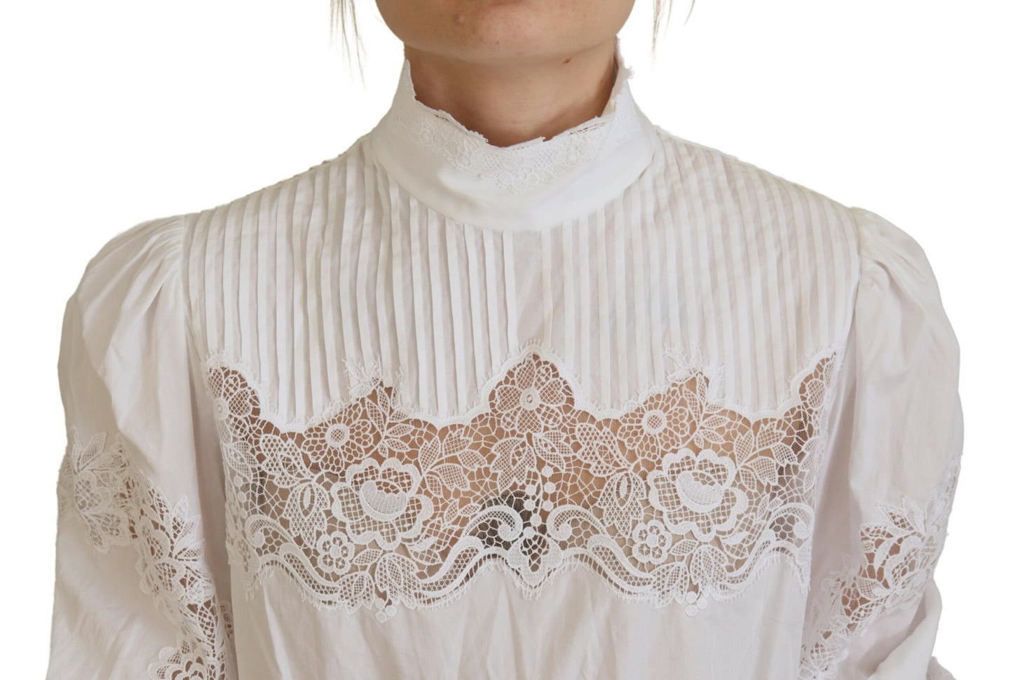 Dolce & Gabbana White Cotton Lace Trim Turtle Neck Blouse Top