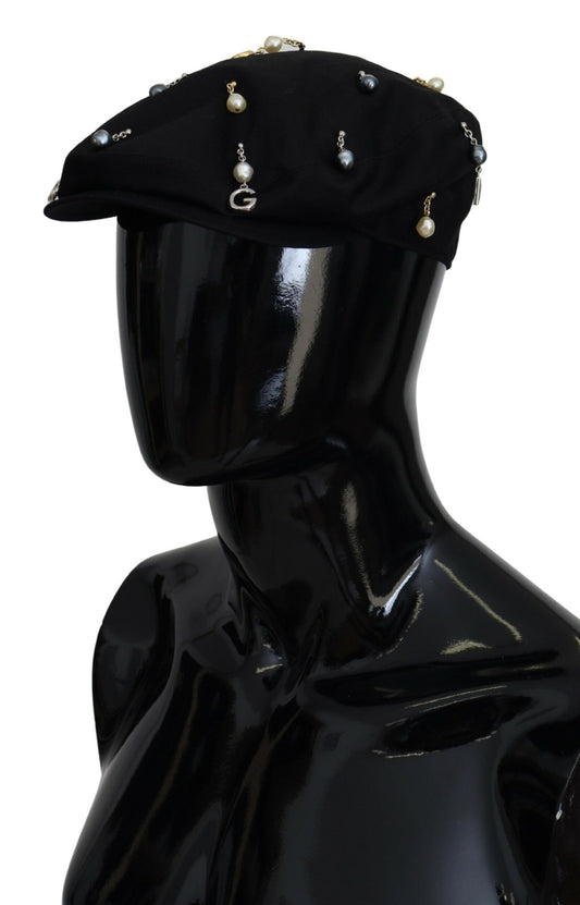 Dolce & Gabbana Black Cotton Embellished Newsboy Men Hat