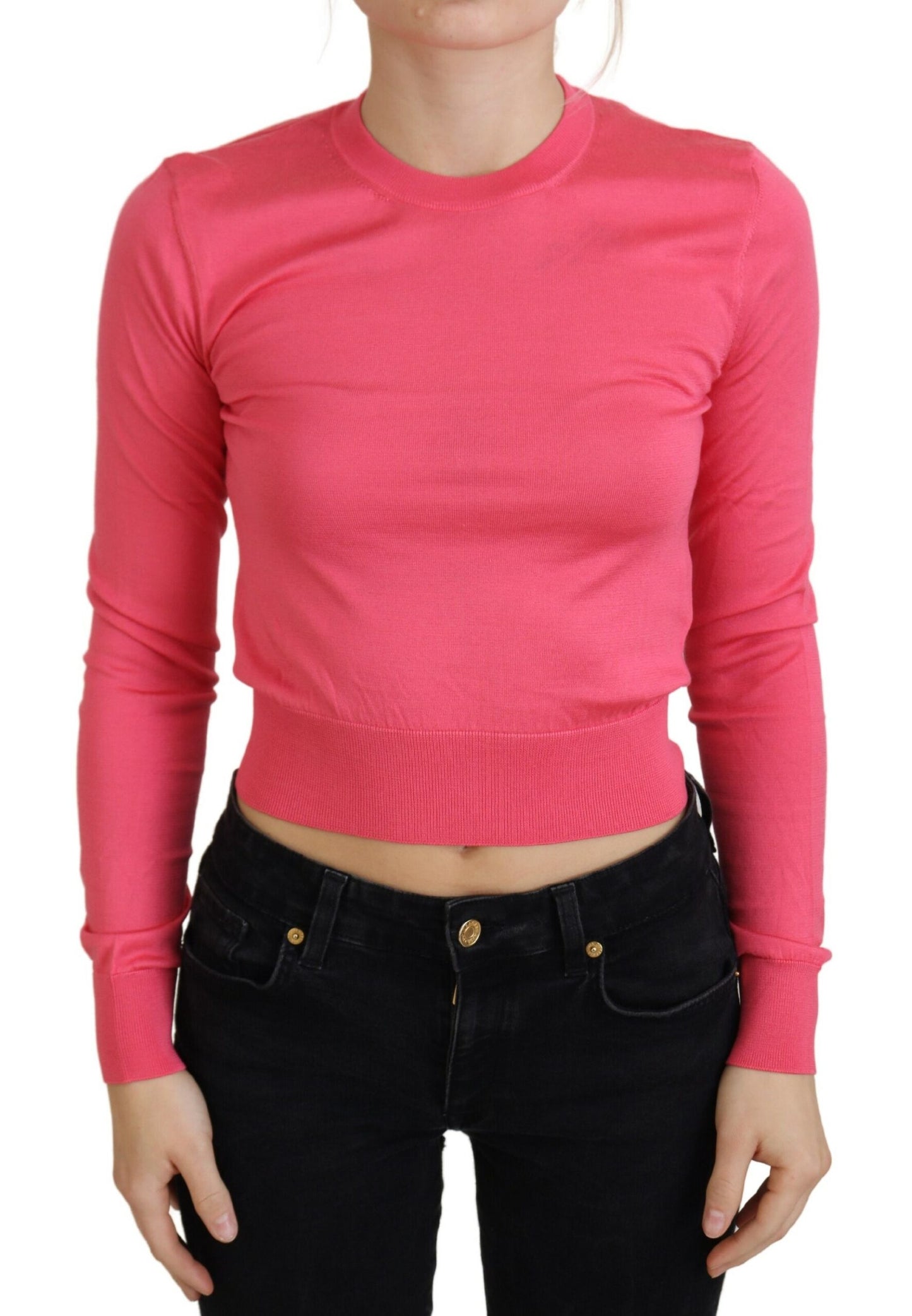 Dolce & Gabbana Pink Silk Cropped Crewneck Pullover Sweater