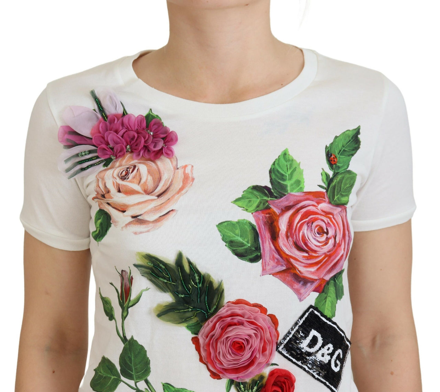 Dolce & Gabbana White Rose DGLogo Printed Short Sleeves Top