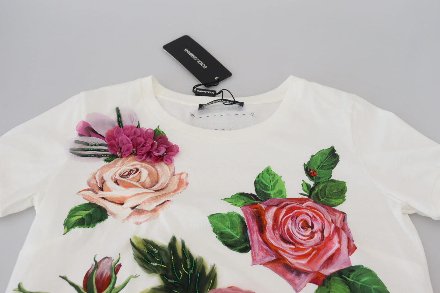 Dolce & Gabbana White Rose DGLogo Printed Short Sleeves Top