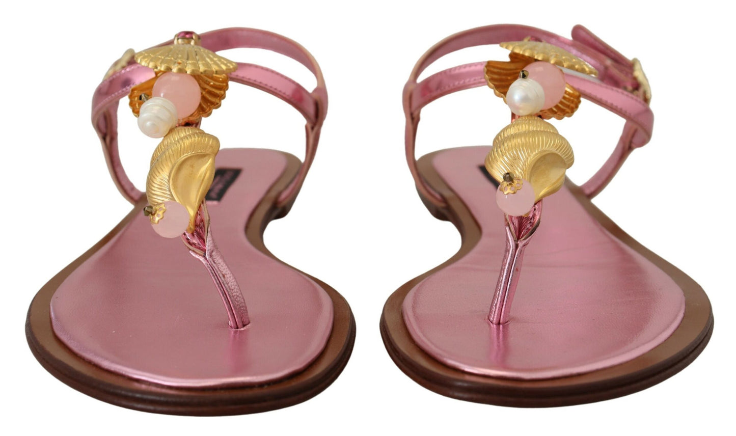 Dolce & Gabbana Pink Embellished Slides Flats Sandals Shoes