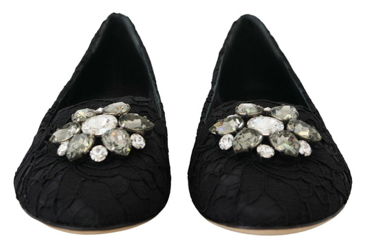 Dolce & Gabbana Black Taormina Lace Crystals Flats Shoes