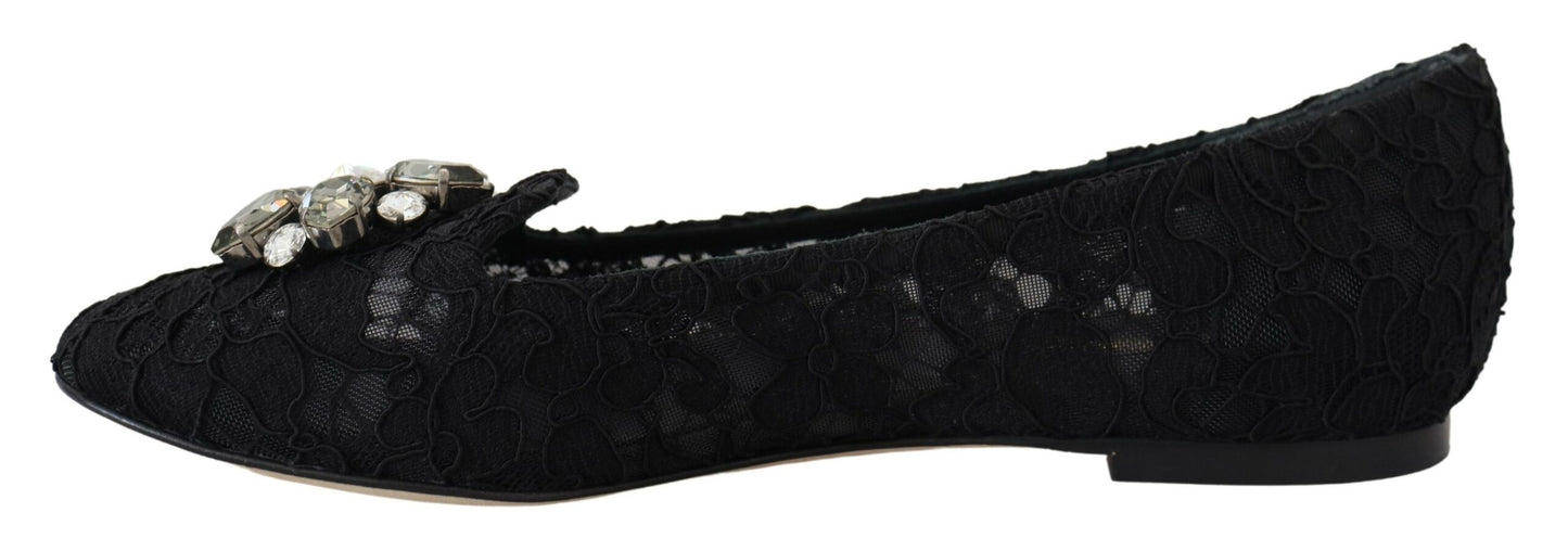 Dolce & Gabbana Black Taormina Lace Crystals Flats Shoes