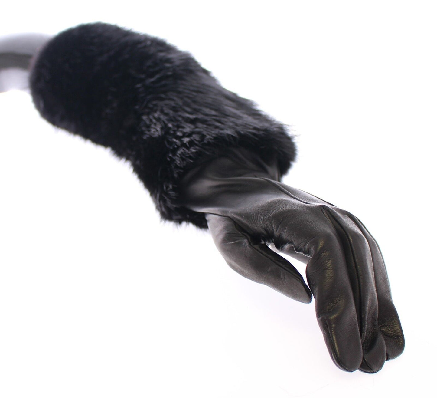 Dolce & Gabbana Black Beaver Fur Lambskin Leather Elbow Gloves