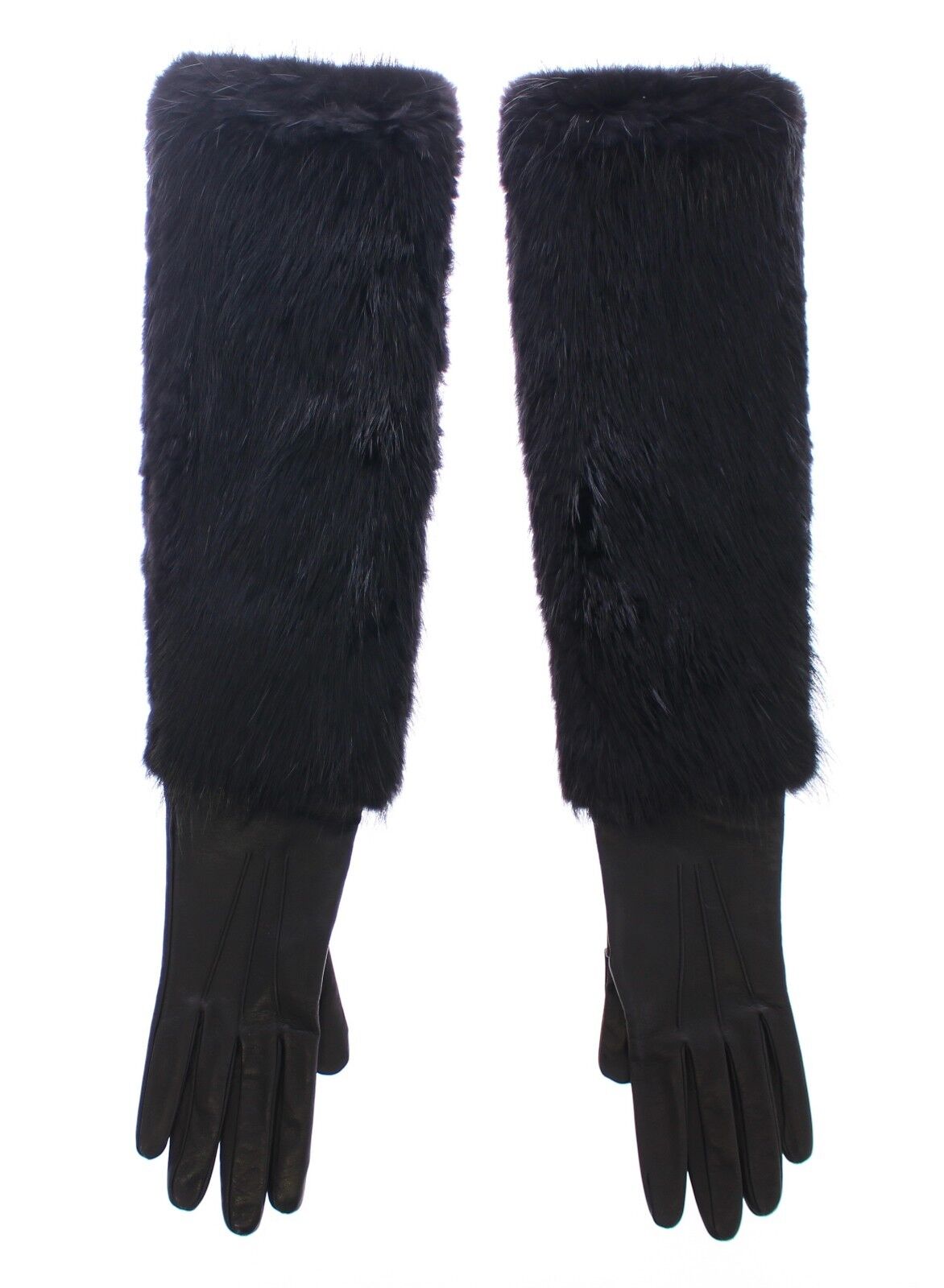 Dolce & Gabbana Black Beaver Fur Lambskin Leather Elbow Gloves