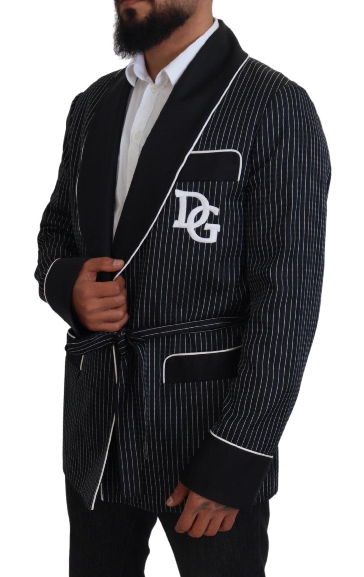 Dolce & Gabbana Black Robe Striped DG Patch Jacket Men Blazer