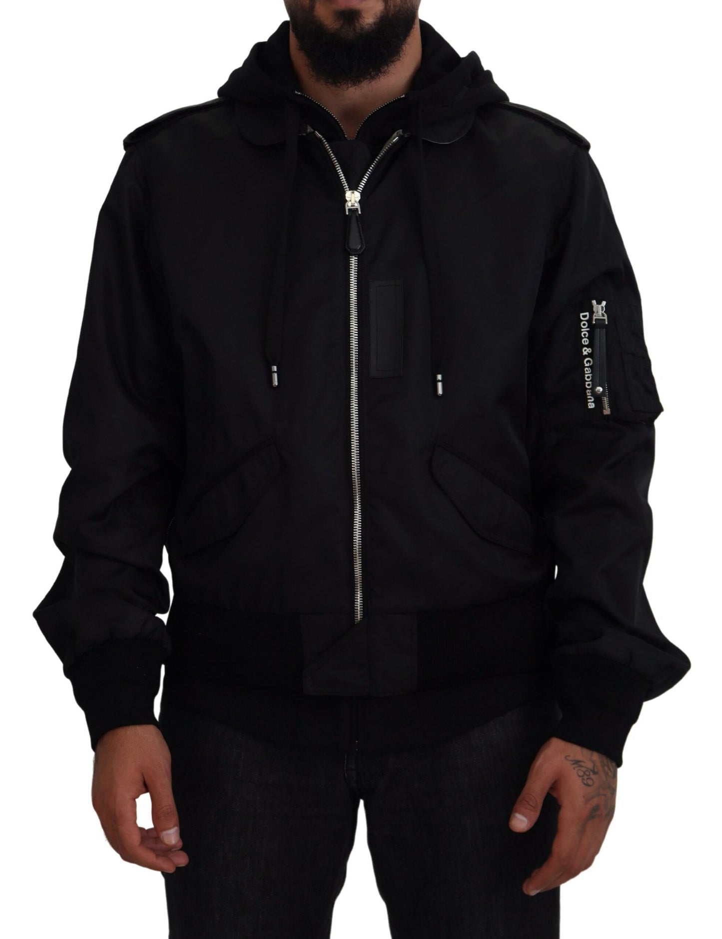 Dolce & Gabbana Black Hooded Full Zip Bomber Jacket