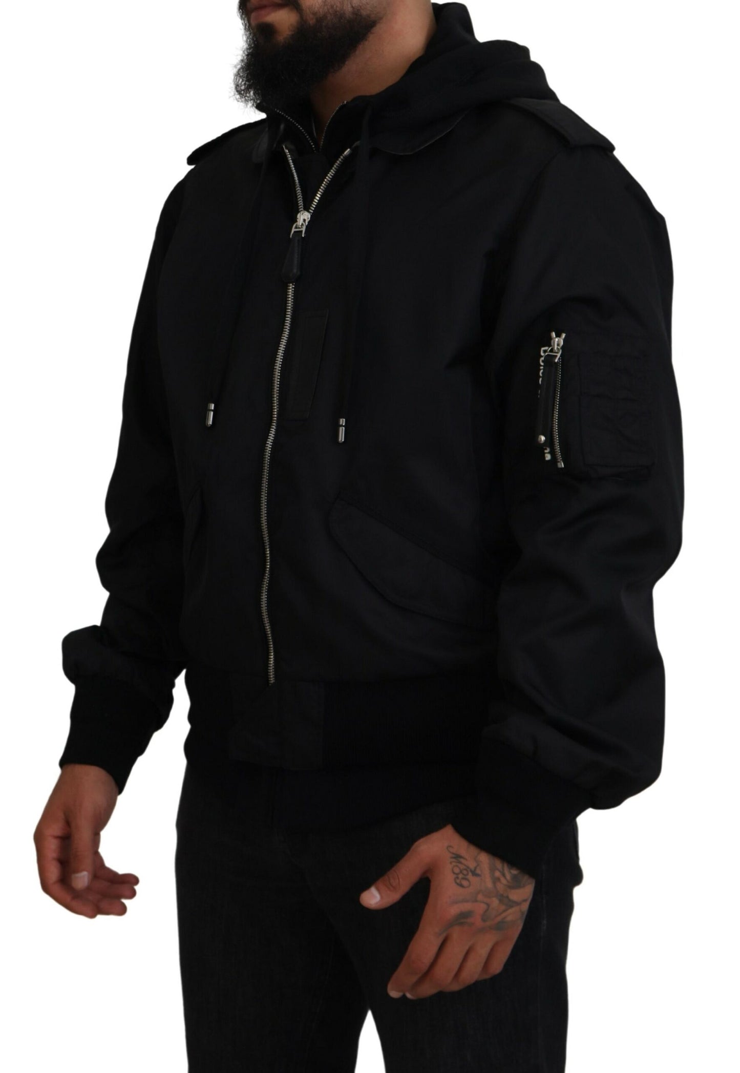 Dolce & Gabbana Black Hooded Full Zip Bomber Jacket