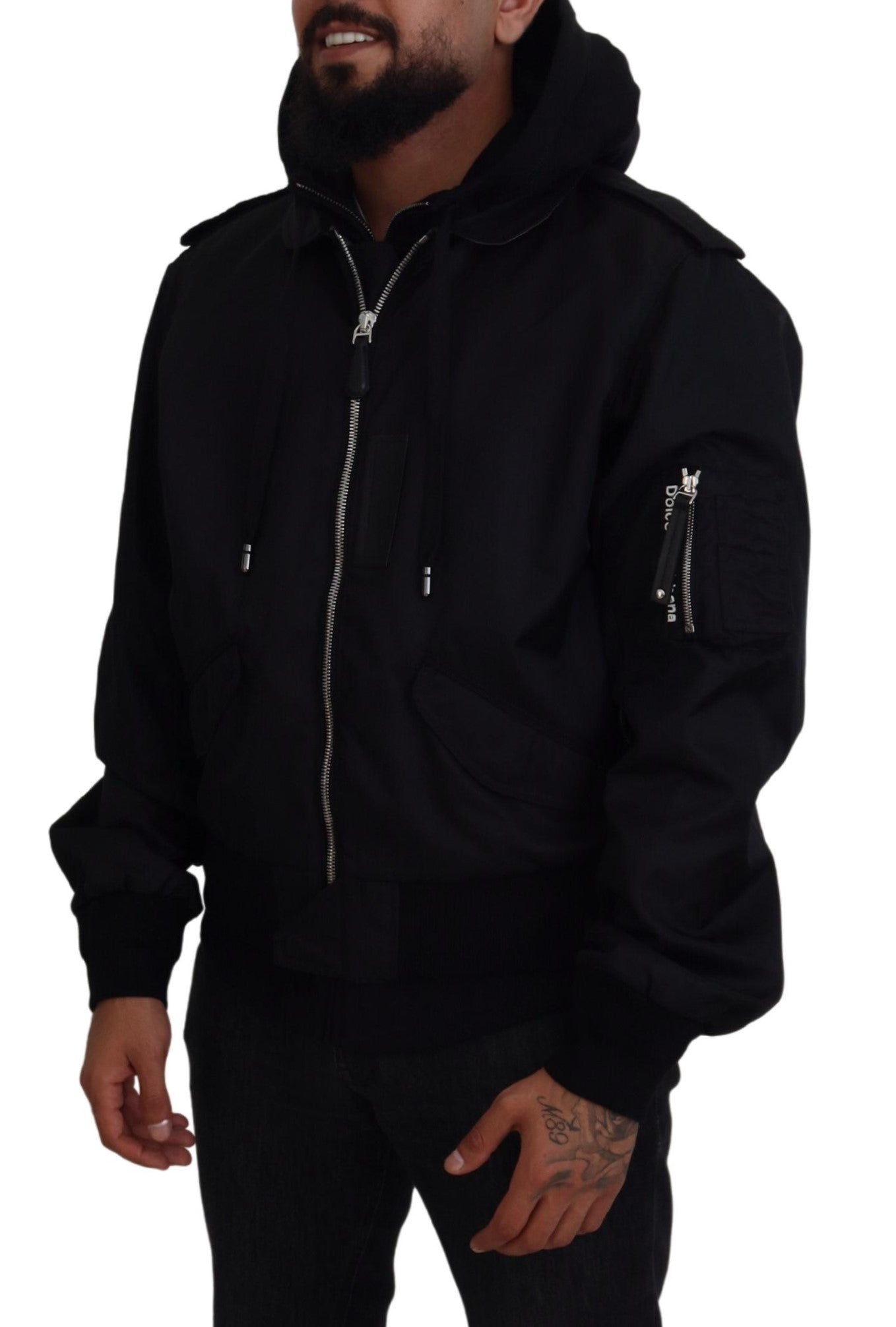 Dolce & Gabbana Black Hooded Full Zip Bomber Jacket