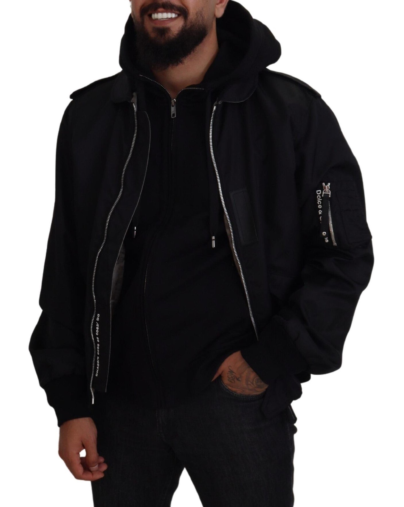 Dolce & Gabbana Black Hooded Full Zip Bomber Jacket