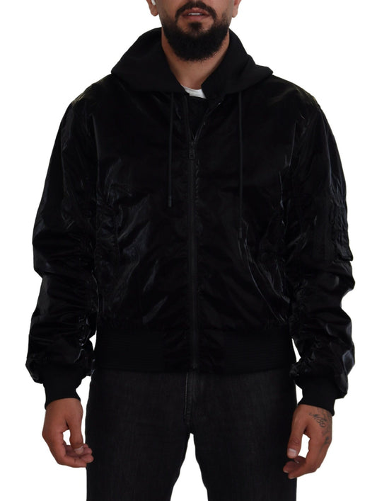 Dolce & Gabbana Black Hooded Full Zip Bomber Jacket