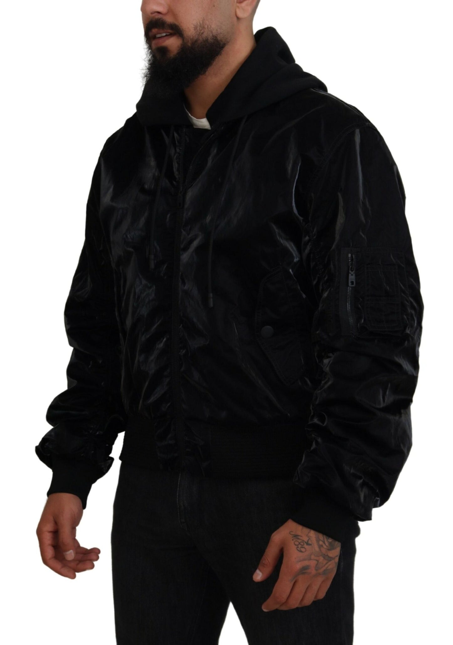 Dolce & Gabbana Black Hooded Full Zip Bomber Jacket