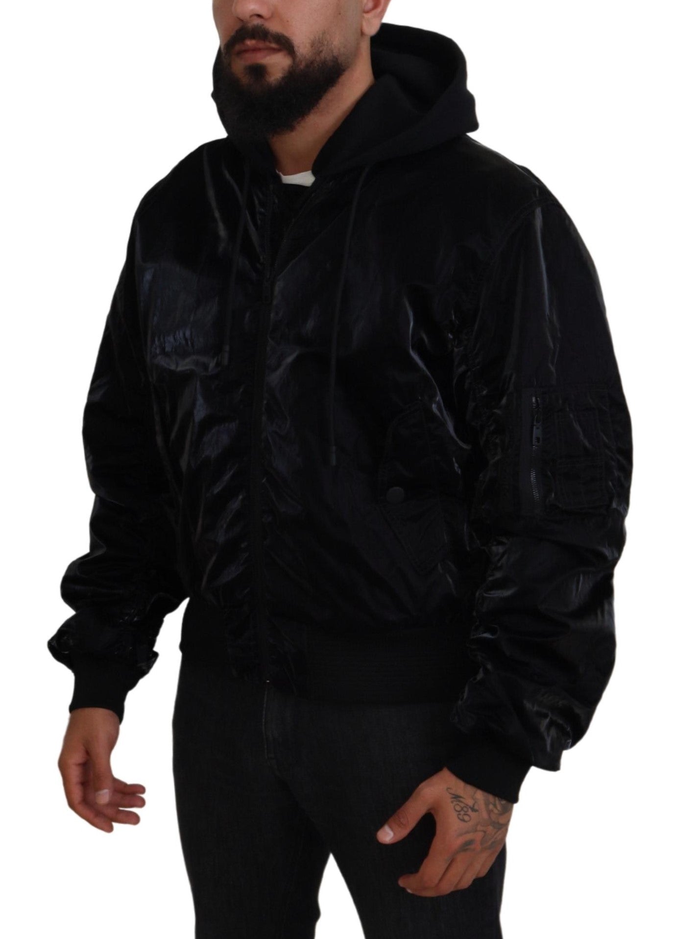 Dolce & Gabbana Black Hooded Full Zip Bomber Jacket