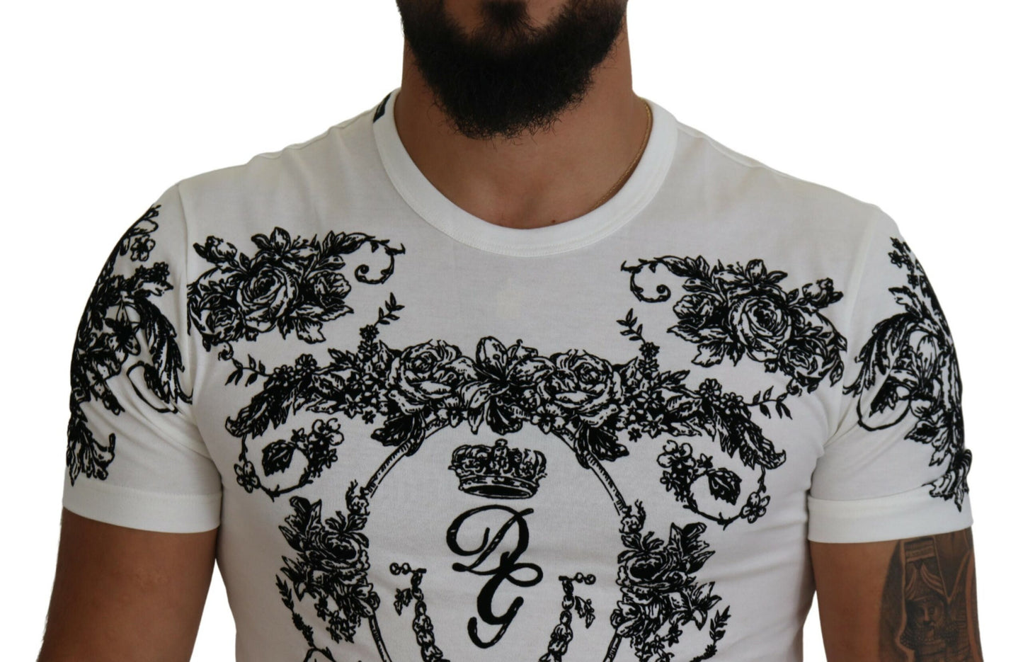 Dolce & Gabbana White DG Crown Floral Crewneck Men T-shirt