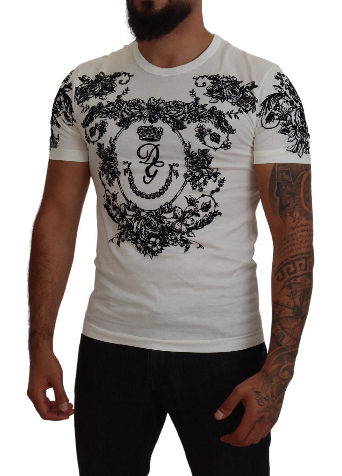 Dolce & Gabbana White DG Crown Floral Crewneck Men T-shirt