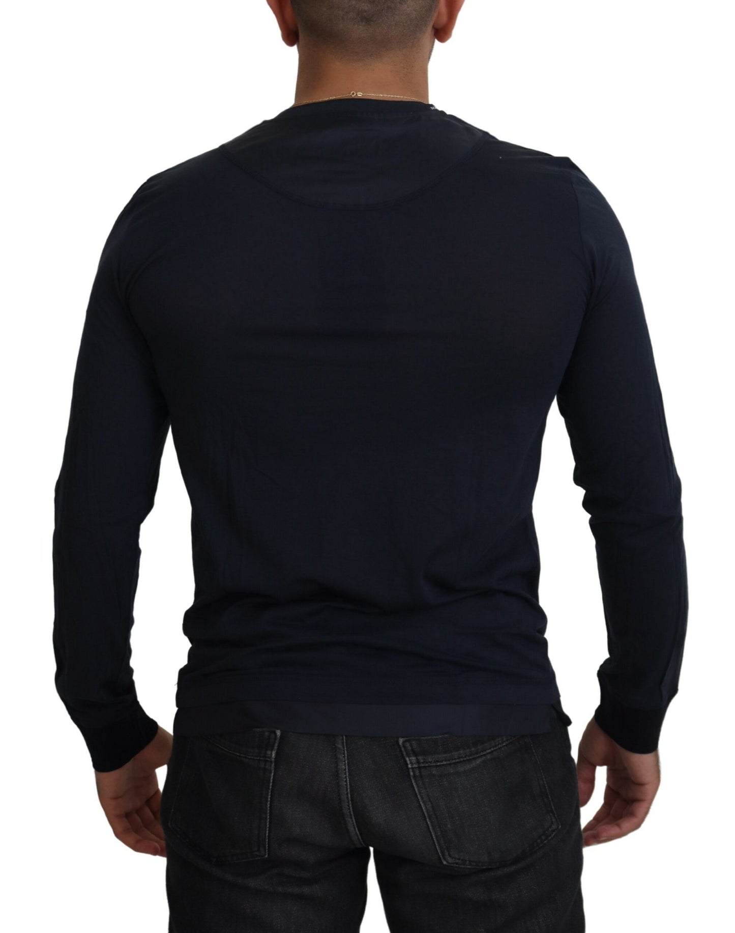 Dolce & Gabbana Blue Cotton Button Crewneck Pullover Sweater