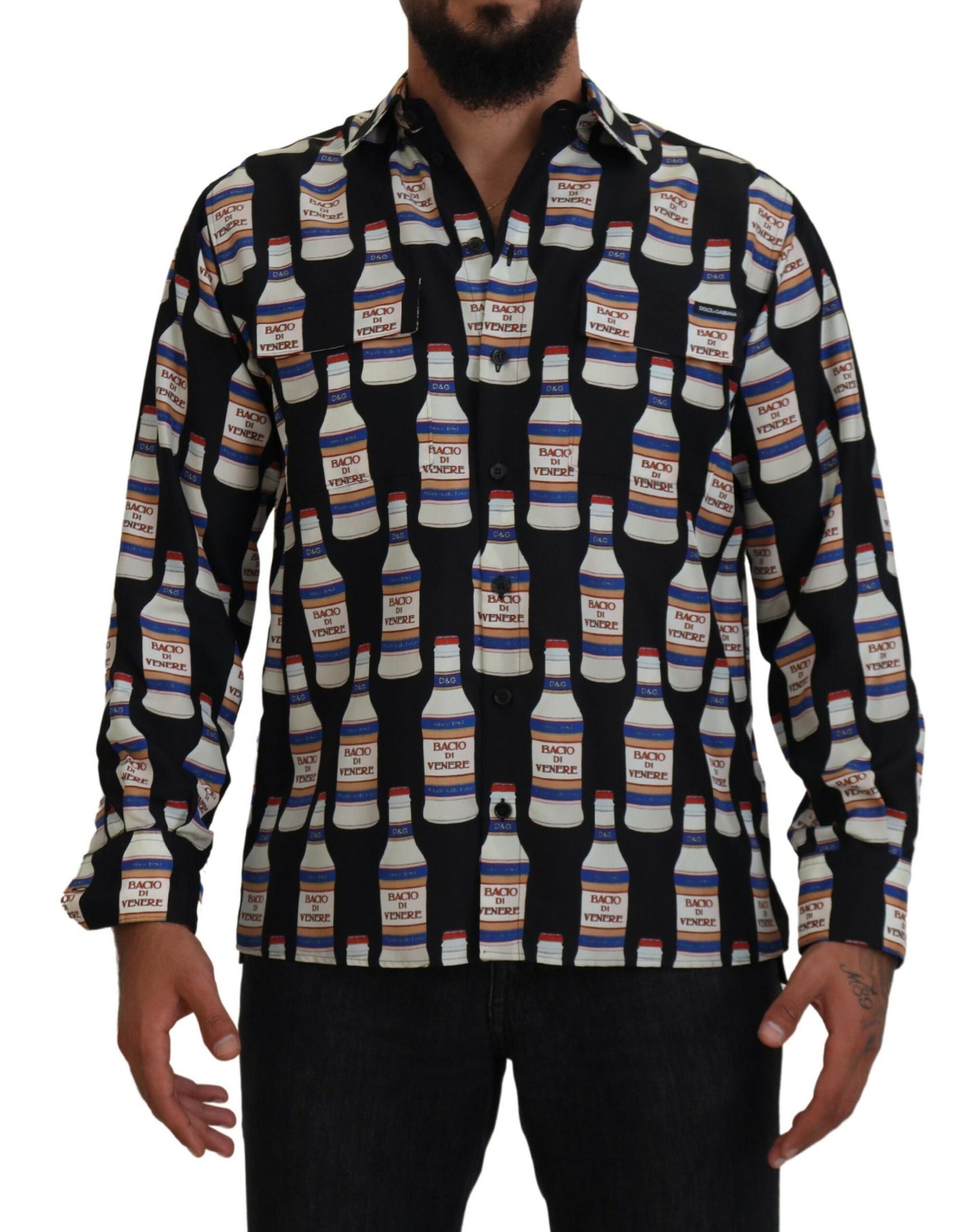 Dolce & Gabbana Black Silk Printed Collared Men Casual Shirt