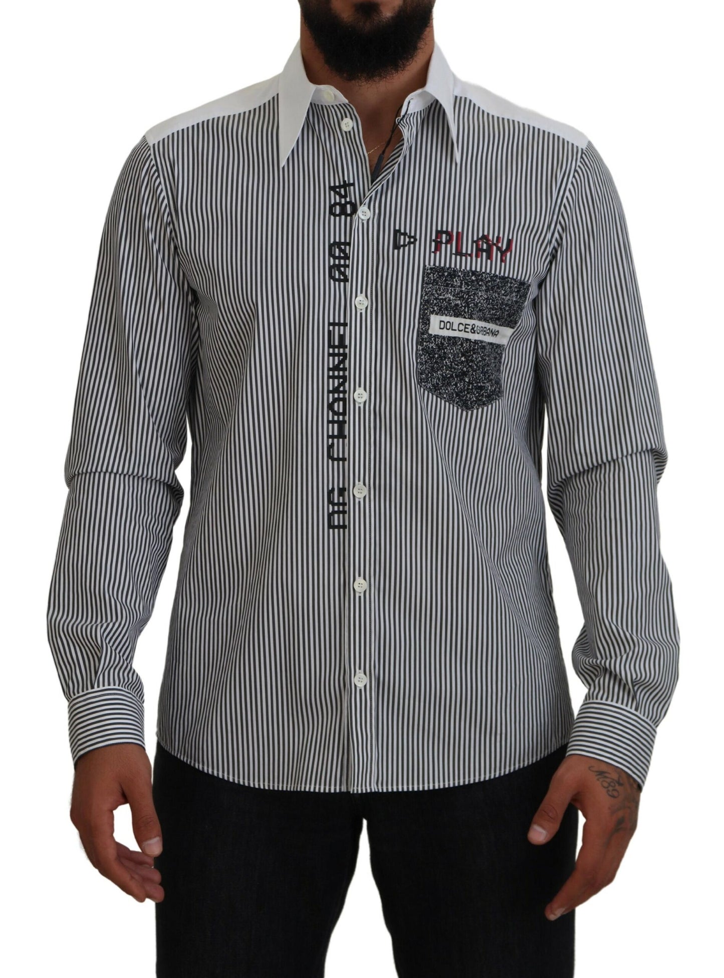 Dolce & Gabbana Black White Striped Printed Casual Cotton Shirt