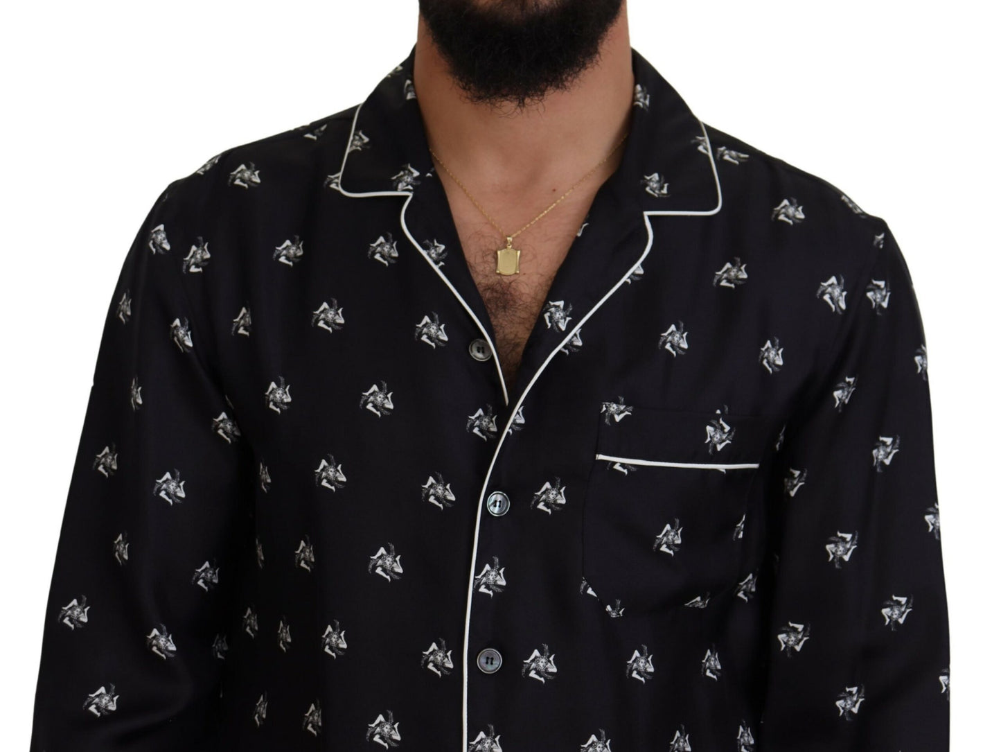 Dolce & Gabbana Black Printed Collared Men Long Sleeve Pajama Top