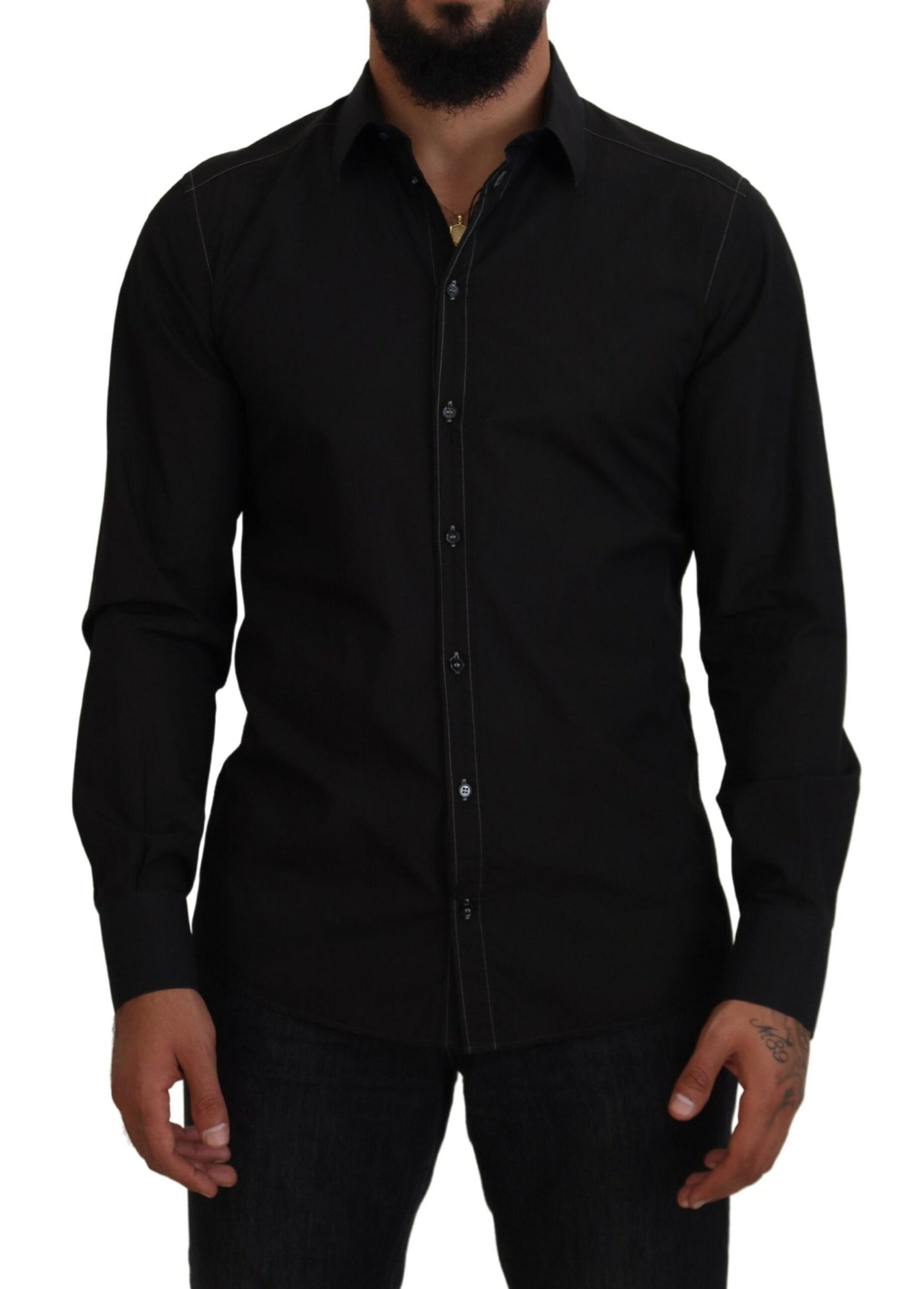 Dolce & Gabbana Black Cotton Collared Long Sleeve GOLD Shirt