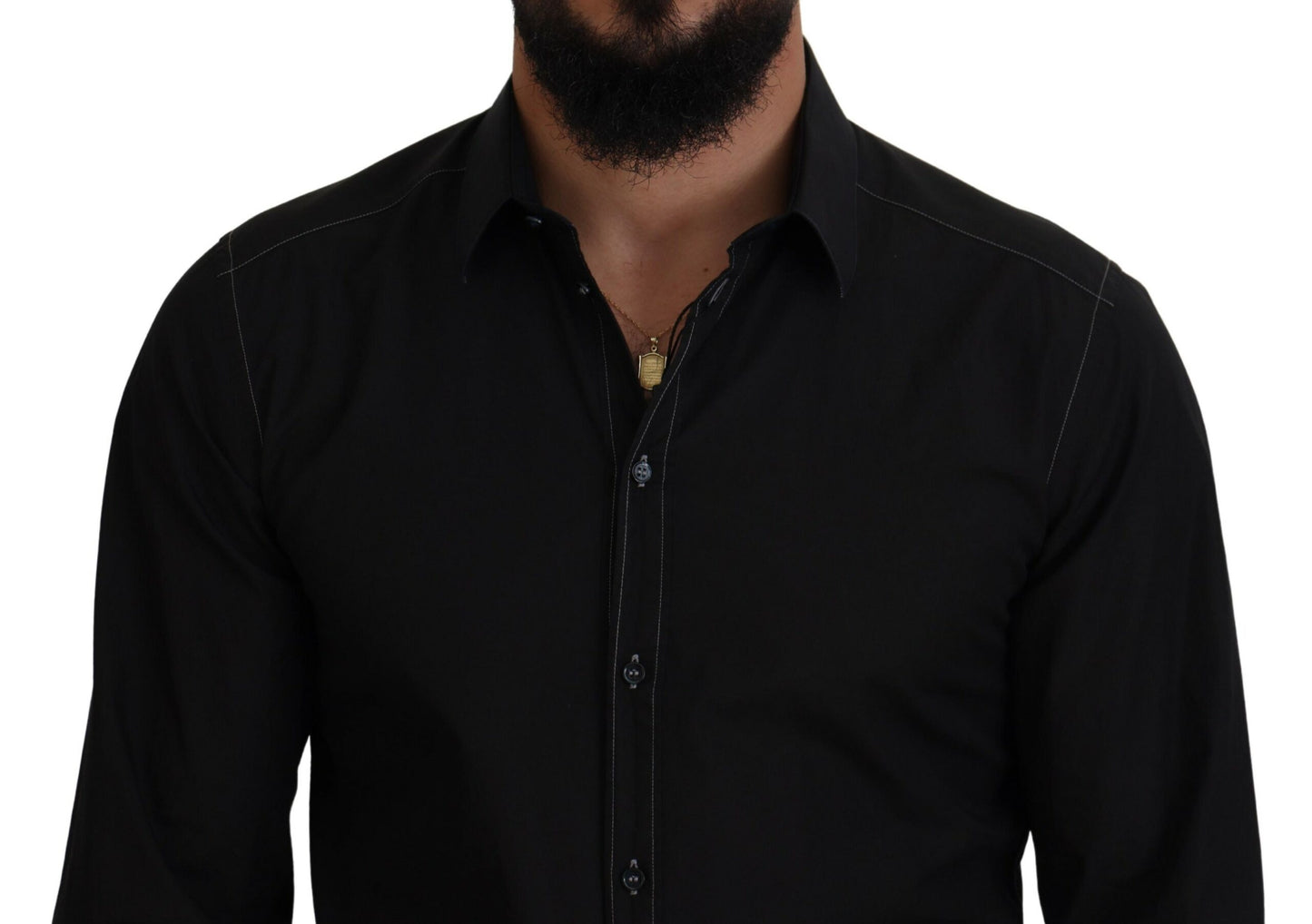 Dolce & Gabbana Black Cotton Collared Long Sleeve GOLD Shirt