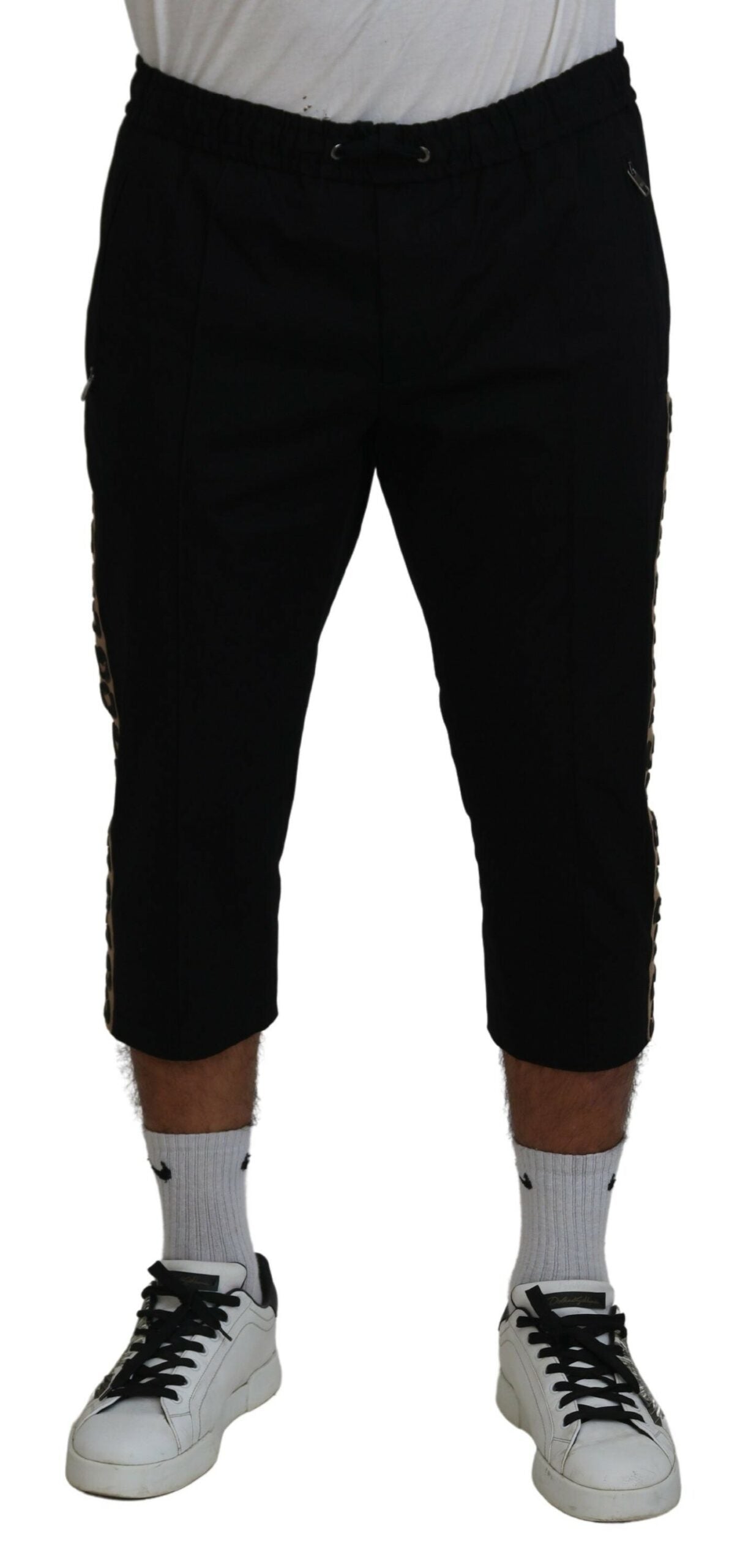 Dolce & Gabbana Black Cotton Elastic Waist DG Logo Cropped Pants