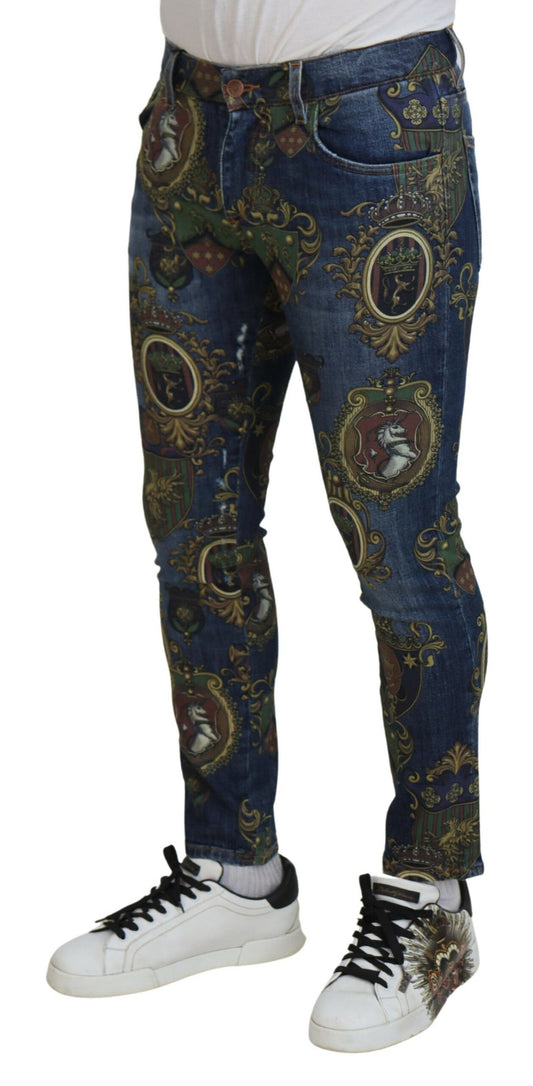 Dolce & Gabbana Blue Heraldic Print Cotton Skinny Denim Jeans