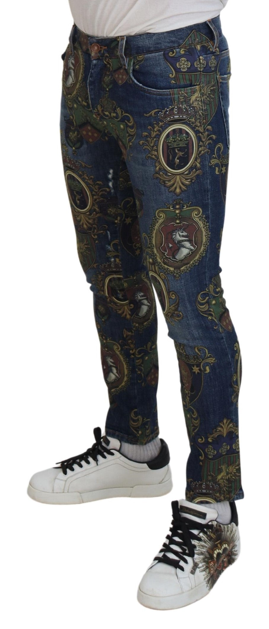 Dolce & Gabbana Blue Heraldic Print Cotton Skinny Denim Jeans