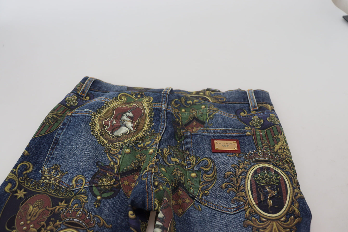 Dolce & Gabbana Blue Heraldic Print Cotton Skinny Denim Jeans