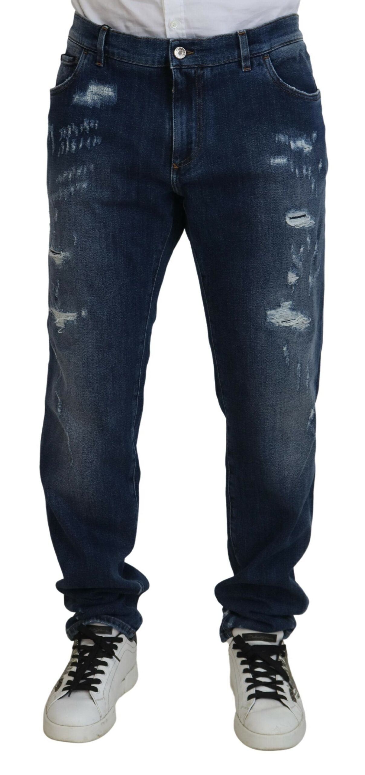 Dolce & Gabbana Blue Tattered Cotton Stretch Slim Denim Jeans