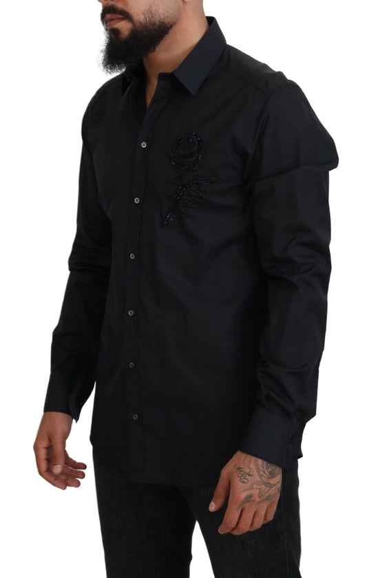 Dolce & Gabbana Black Roses Slim Fit Cotton Shirt