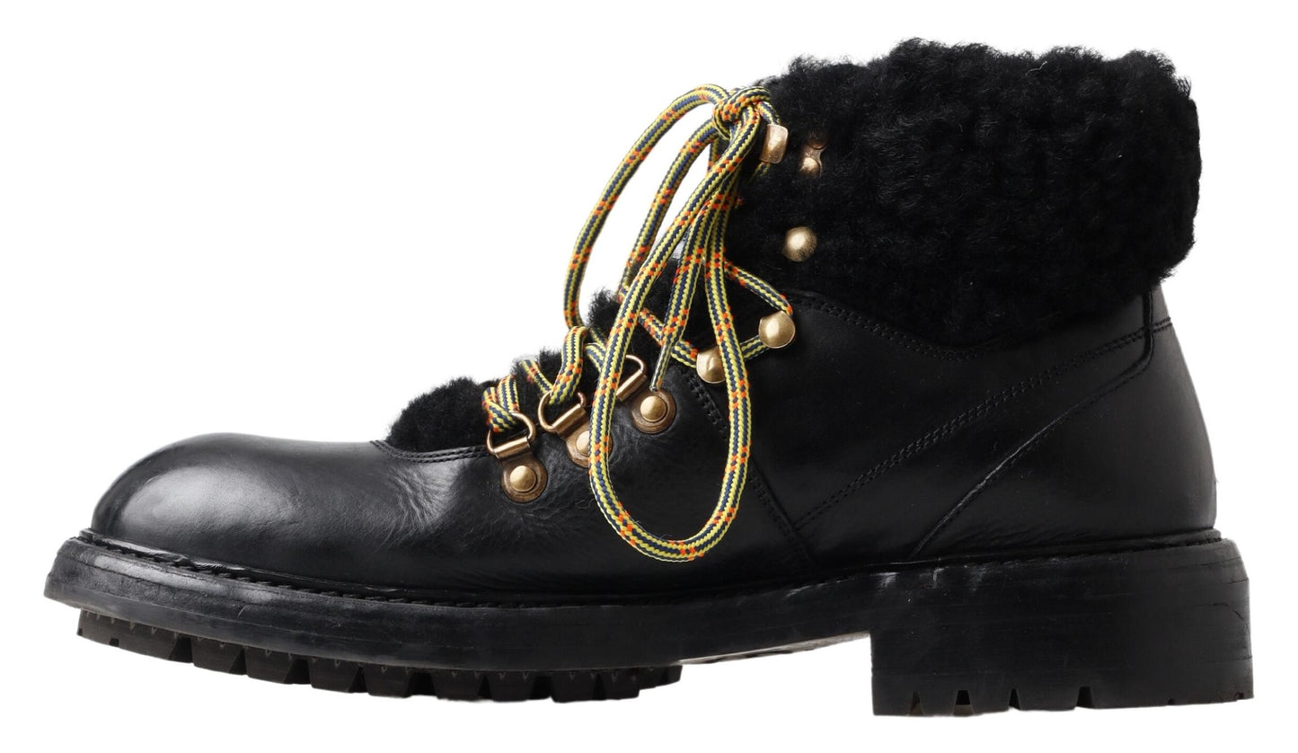 Dolce & Gabbana Black Leather Bernini Shearling Boots Shoes