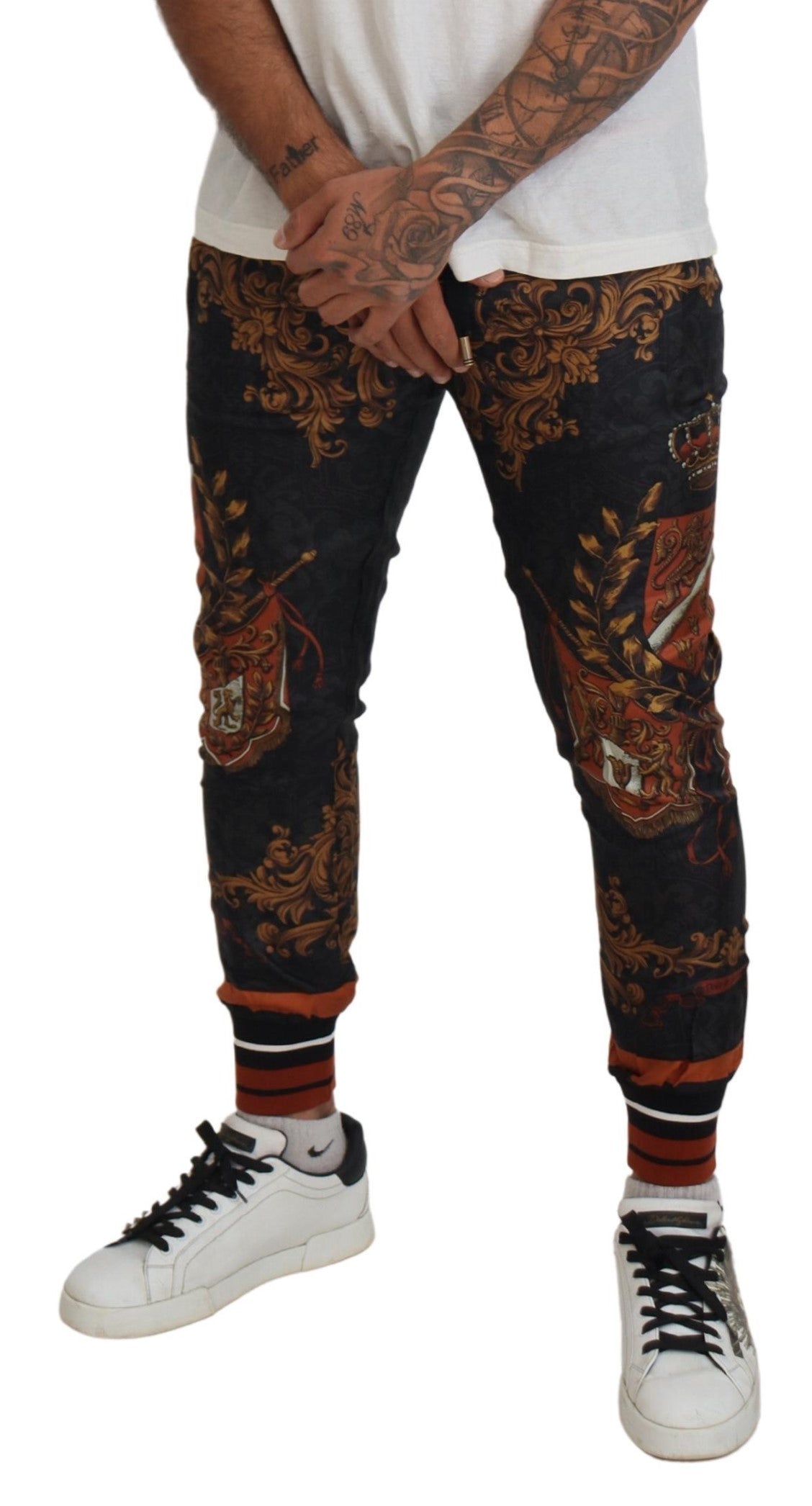 Dolce & Gabbana Gray Silk Baroque Crown Trousers Sport Pants