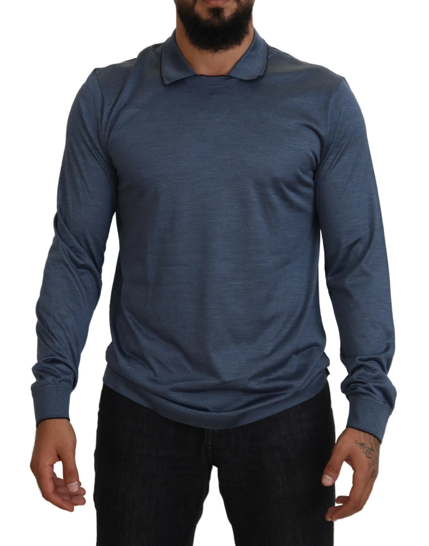 Dolce & Gabbana Blue Silk Collar Polo Pullover Sweater