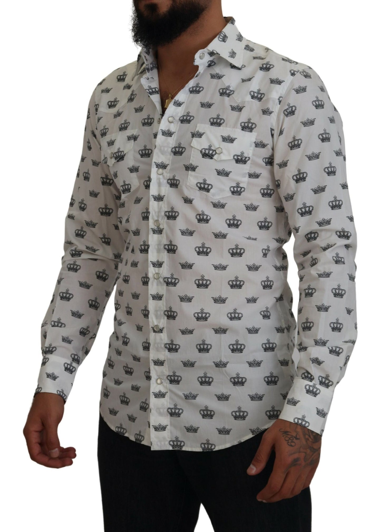 Dolce & Gabbana White Crown Print Slim Fit Cotton Shirt