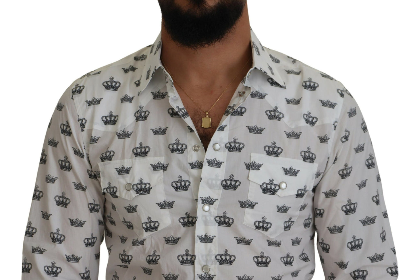 Dolce & Gabbana White Crown Print Slim Fit Cotton Shirt