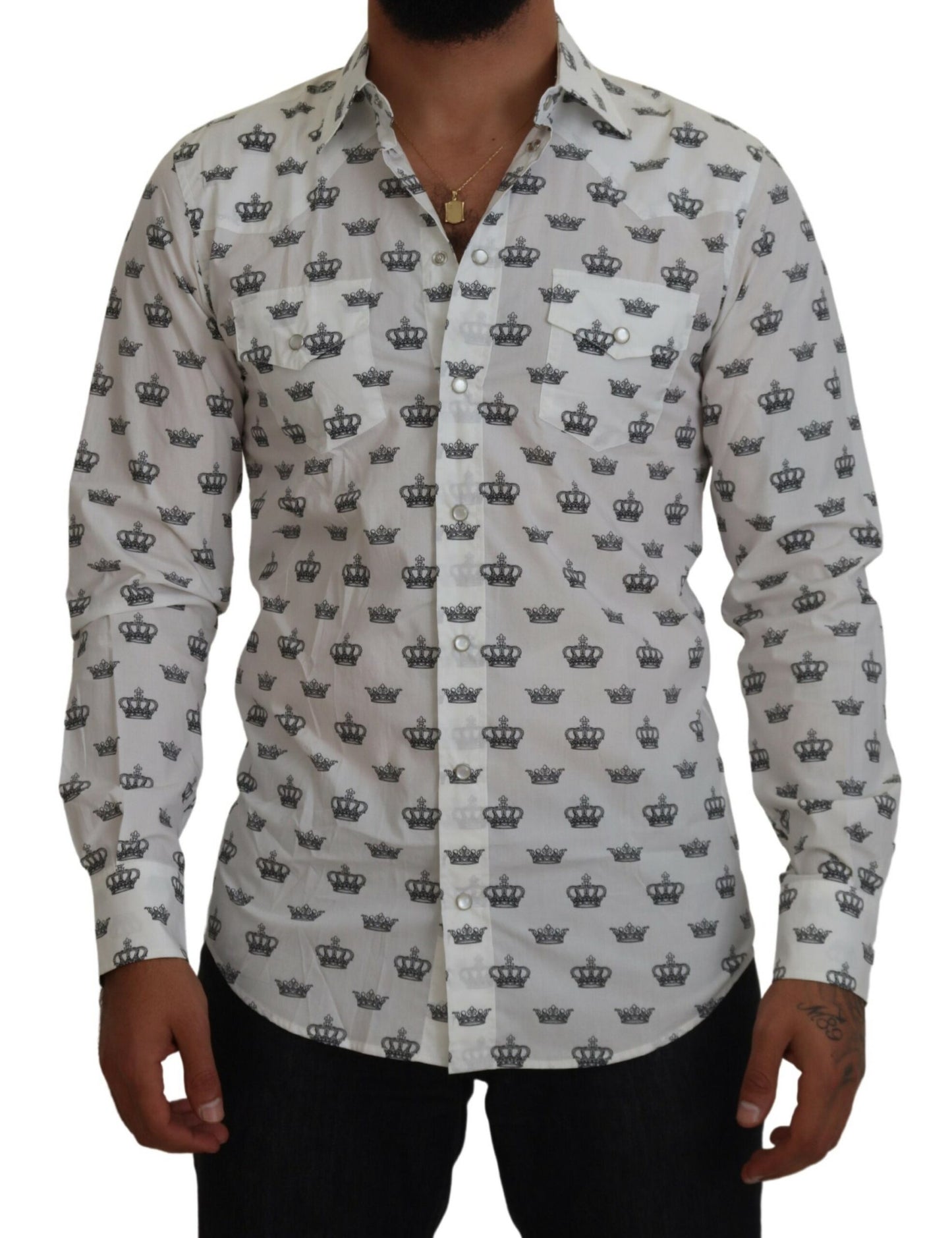 Dolce & Gabbana White Crown Print Slim Fit Cotton Shirt