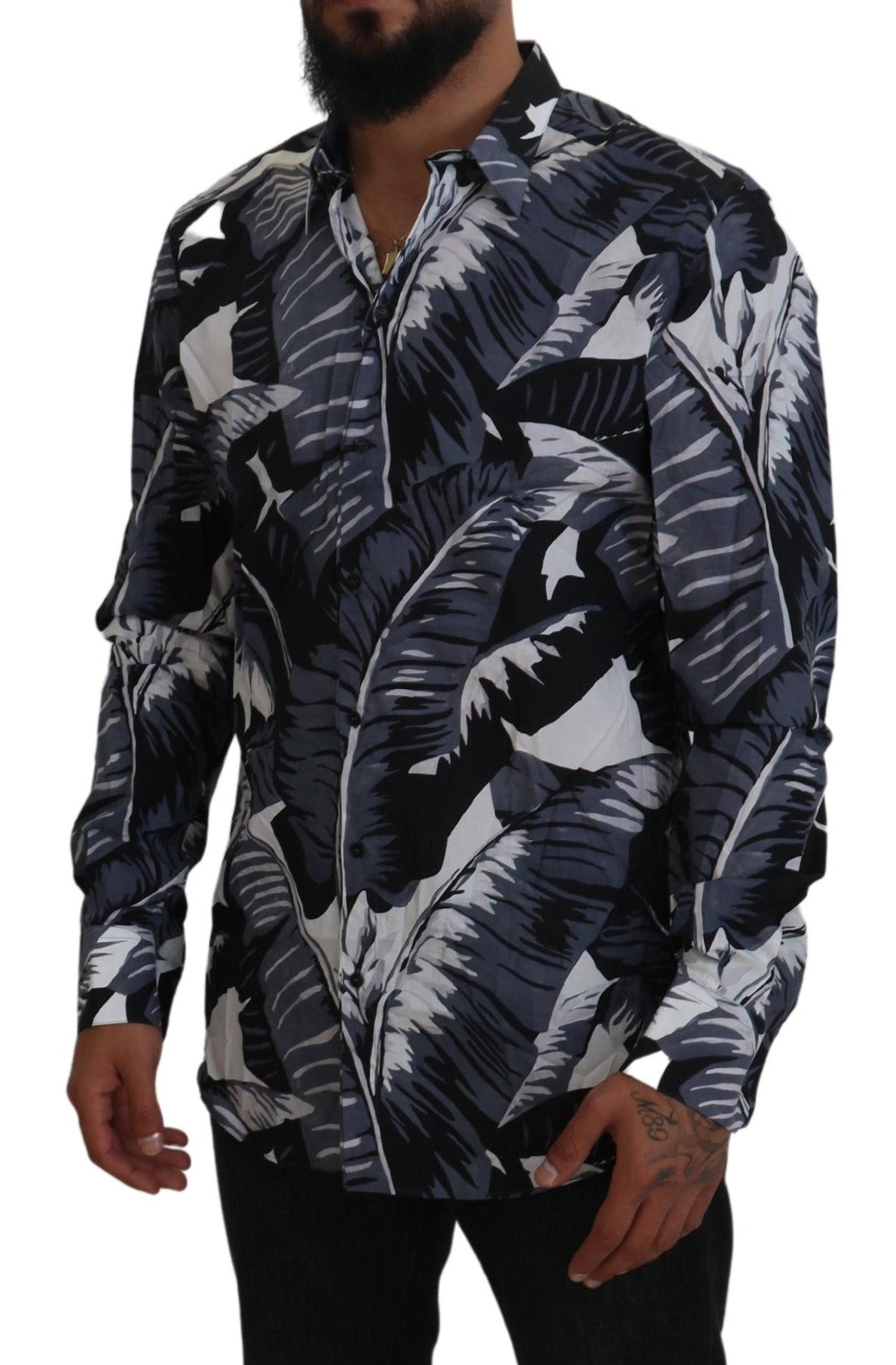 Dolce & Gabbana Gray Blue Banana Leaf Slim Fit Shirt