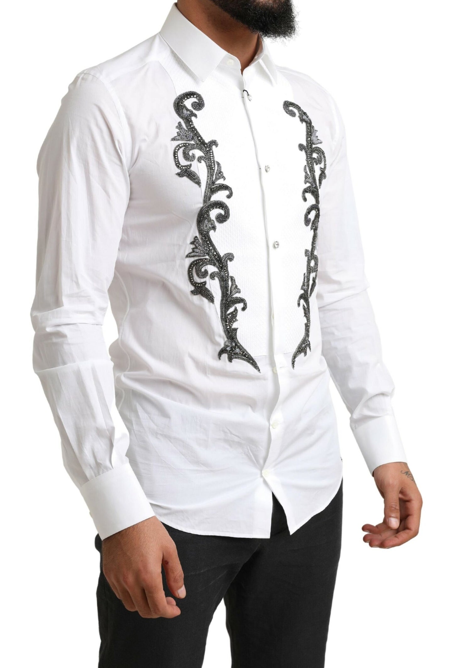 Dolce & Gabbana White Tuxedo Slim Fit Baroque Shirt