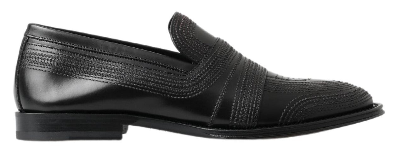 Dolce & Gabbana Black Leather Slipper Loafers Stitched Shoes