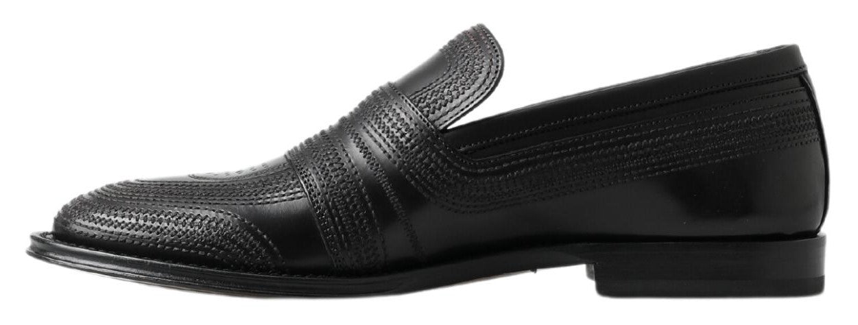 Dolce & Gabbana Black Leather Slipper Loafers Stitched Shoes