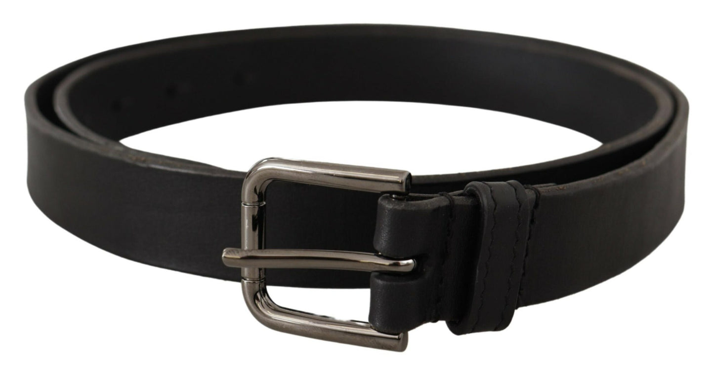 Dolce & Gabbana Black Calf Leather Logo Engraved Metal Buckle Belt