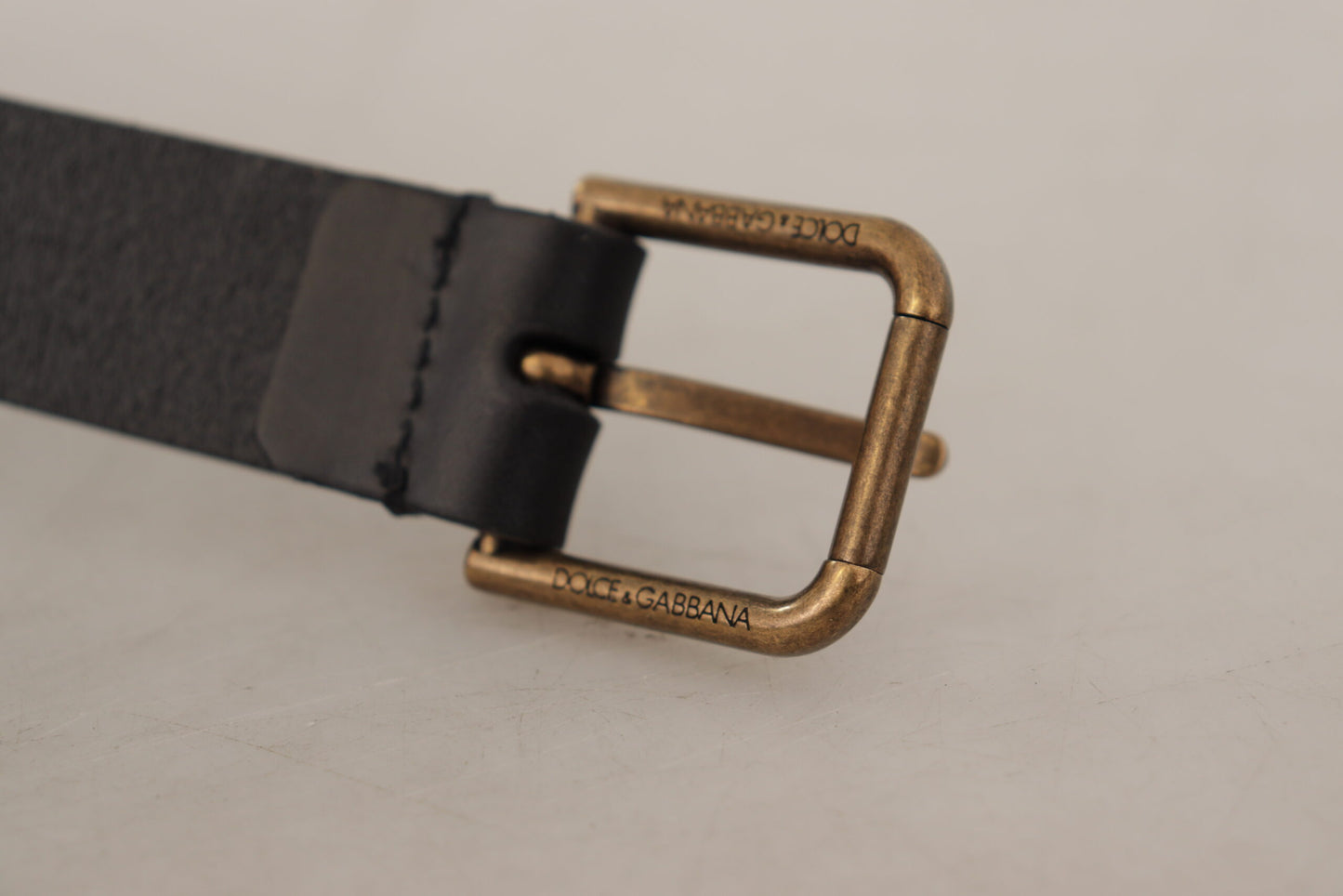 Dolce & Gabbana Black Calf Leather Brass Logo Engraved Buckle Belt