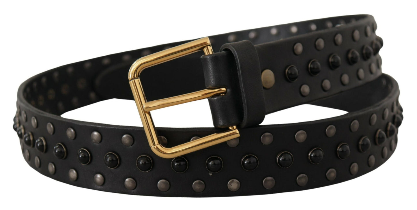 Dolce & Gabbana Black Leather Studded Gold Tone Metal Buckle Belt