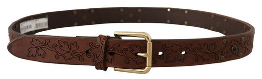 Dolce & Gabbana Brown Leather Floral Studded Metal Buckle Belt