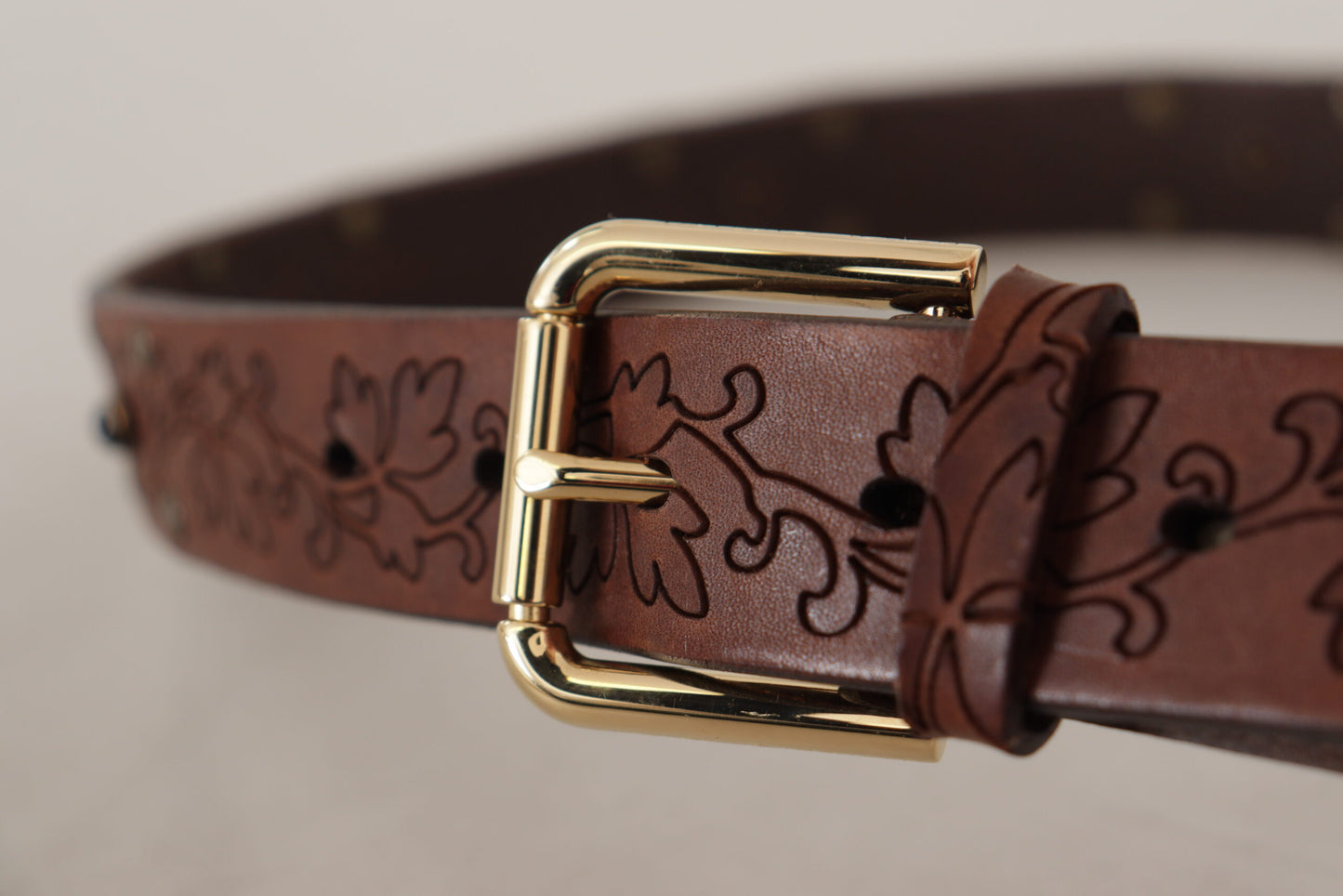 Dolce & Gabbana Brown Leather Floral Studded Metal Buckle Belt