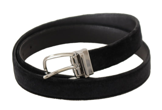 Dolce & Gabbana Black Velvet Silver Tone Logo Metal Buckle Belt