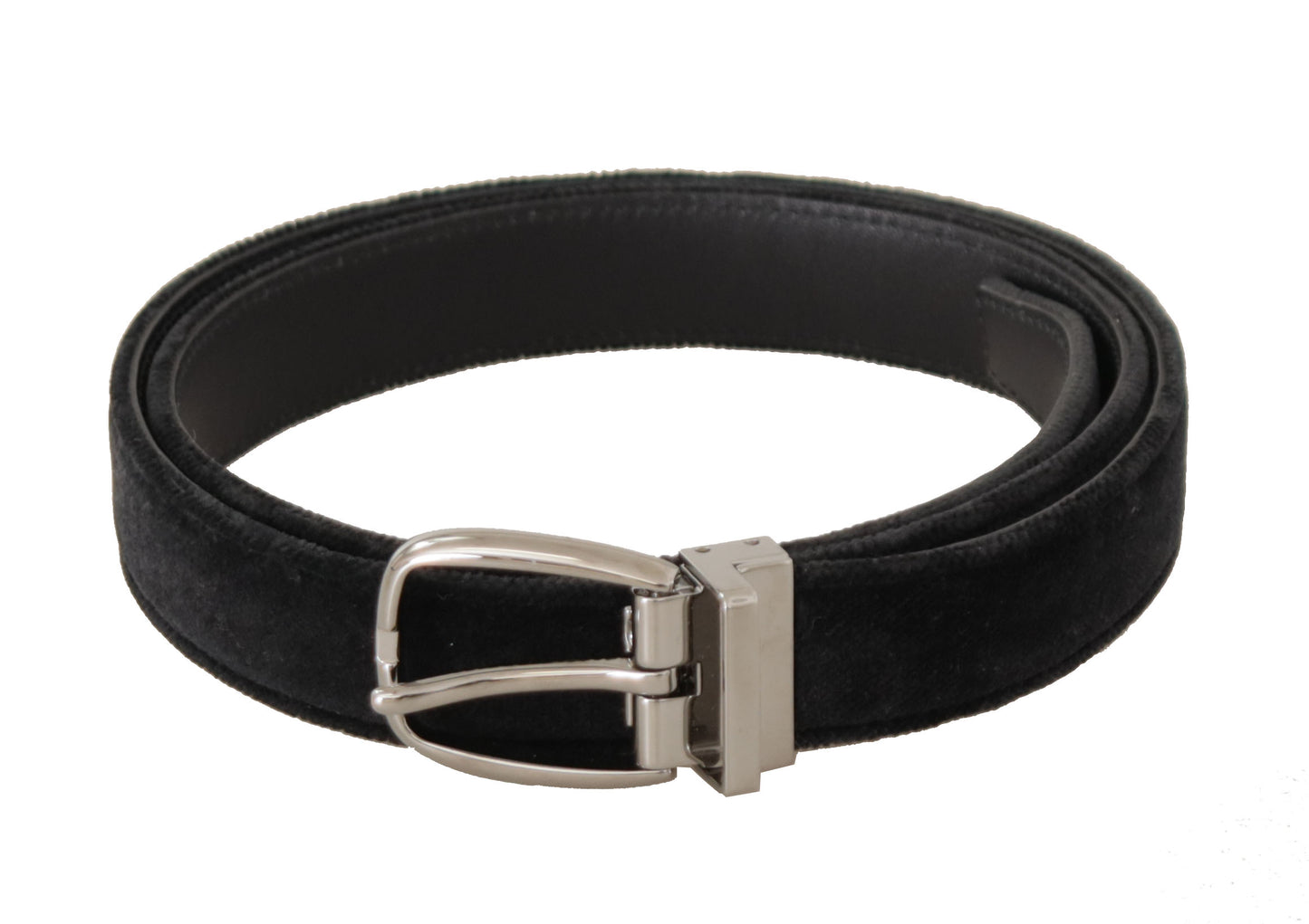 Dolce & Gabbana Black Velvet Silver Tone Logo Metal Buckle Belt